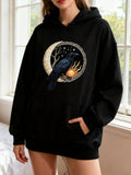 Women's Hoodie Mysterious Crescent Moon With Black Raven And Shining Sun Under Starry Night Raven