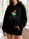 Women's Hoodie Playful Green Frog Wearing A Party Hat Riding Bicycle