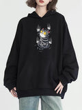 Women's Hoodie Mischievous Gray Cat With Claws And Pink Flowers Hoodie