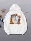 Women's Hoodie Autumn Leaves With Pumpkins In Front Of An Ornamental Garden Gate