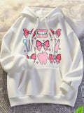 Women's Hoodie Pink Bows Sparkling Tooth Motif With Cute Cartoon Elements