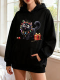 Women's Hoodie Festive Lights And Gift Box With Playful Black Cat
