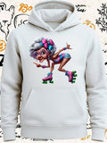 Men's Hoodie Cheerful Old Lady Skating With Big Glasses Pink Bow On Roller Skates