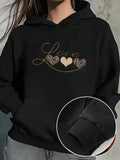 Women's Hoodie Leopard Patterned Hearts With Scripted Love And Heart Motif Hoodie