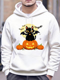 Men's Hoodie Halloween Moonlight With Bats Pumpkins And Playful Black Cat