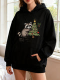 Women's Hoodie Cheerful Winter Holiday Scene With Raccoon Decorating Pine Tree