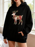 Women's Hoodie Patchwork Christmas Patterns Adorning A Festive Standing Reindeer