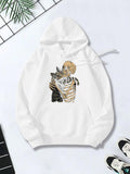 Women's Hoodie Golden Moonlight Embracing Two Playful Striped Cats Together