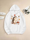 Women's Hoodie Autumn Leaves With Mushrooms And Forest Floor Surrounded By Cute Hedgehog
