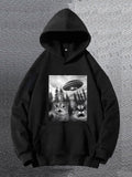 Men's Hoodie Surreal Forest With Curious Cats Staring At Flying Spaceship