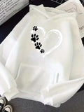 Men's Hoodie Playful Black Paw Prints With Outlined Heart On Clean White Hoodie