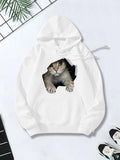 Women's Hoodie Realistic Tabby Cat Peeking Through Torn Fabric Hoodie