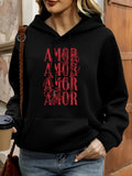 Women's Hoodie Red Ornamental Letters And Subtle Pattern Featuring Amor