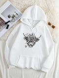 Women's Hoodie Hand Drawn Highland Cattle With Floral Elements Among Blossoms