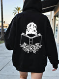Women's Hoodie Floral Reading Woman With Simple Line Art Book