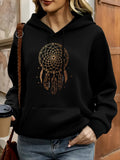 Women's Hoodie Golden Dreamcatcher With Hanging Feathers On Midnight Black Hoodie
