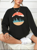 Women's Hoodie Retro Sunset With Pine Tree Silhouettes Under Majestic Mountain Scene