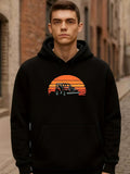 Men's Hoodie Retro Sunset With Vibrant Stripes Behind Classic Vintage Car