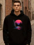 Men's Hoodie Neon Sunset Reflections With Pine Trees And Calm Lake