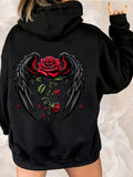 Women's Hoodie Fallen Petals With Dark Feathers Embracing A Crimson Red Rose