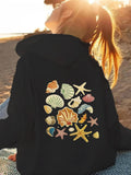 Women's Hoodie Colorful Beach Shells And Starfish On Sandy Coastline Hoodie