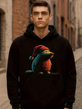 Men's Hoodie Colorful Holiday Light In Festive Night With Red Santa Hat Hedgehog