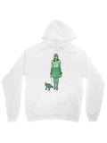 Men's Hoodie Stylized Green Woman Standing Beside Playful Small Dog