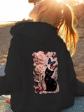 Women's Hoodie Whimsical Roses And Blue Butterfly Among Pink Blossoms Cat