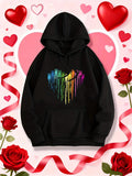 Women's Hoodie Vivid Rainbow Dripping Paint Splashing On Black Canvas Heart