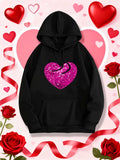 Women's Hoodie Sparkling Pink Glitter Heart Design On Black Hoodie