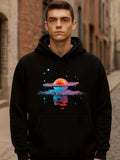 Men's Hoodie Vibrant Sunset Reflections On Calm Water With Starry Night Sky Sun