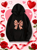 Women's Hoodie Romantic Patterned Ribbon Bow Surrounded By Hearts And Roses Hoodie