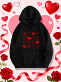 Women's Hoodie Radiant Red Love Hearts Displayed Across Black Hoodie