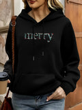 Women's Hoodie Merry Lettering With Subtle Festive Pattern On Front Hoodie