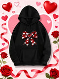 Women's Hoodie Romantic Patterned Hearts With Ribbon Bow Hoodie