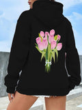 Women's Hoodie Fresh Pink Tulips With Lush Green Leaves Tied With Ribbon Tulip