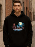 Men's Hoodie Snow Covered Cabin Under Full Moon With Pine Trees
