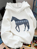 Women's Hoodie Snowflake Patterns With Midnight Winter Scenery Silhouette Horse
