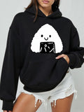 Women's Hoodie Smiling Cartoon Face On Fluffy White Onigiri Rice Ball Character