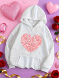Women's Hoodie Shimmering Pink Sequin Pattern On Classic White Heart Hoodie