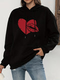 Women's Hoodie Red Stitched Heart With Parted Lips On Black Hoodie