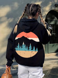 Women's Hoodie Retro Sunset With Pine Trees In Outer Circle Landscape