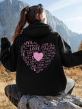 Women's Hoodie Pink Heart With Scattered Love Text Forming A Bold Shape