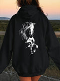 Women's Hoodie Bold Monochrome Brushwork On Majestic Head Turning Horse