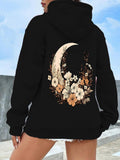 Women's Hoodie Floral Crescent Moon Surrounded By Wildflowers Under Clear Skies Moon