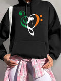 Women's Hoodie Curved Line Motifs With Green Orange Musical Heart