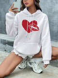 Women's Hoodie Distressed Red Heart With Graphic Scribbled Lips Design Hoodie