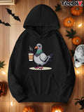 Women's Hoodie Casual Autumn Scene With Steaming Coffee Beside Urban Pigeon