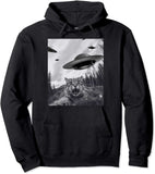 Men's Hoodie Alien Spaceships Hovering Over Forested Mountains With Lone Fierce Wolf