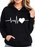 Women's Hoodie Heartbeat Rhythm Under Glowing White Line Art Heart